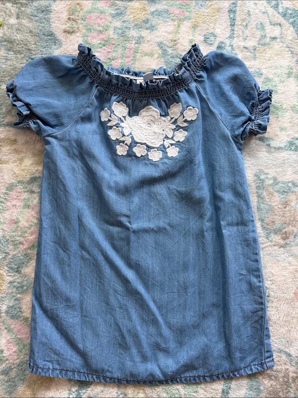 Janie and Jack Blue Denim Dress with White Floral Embroidery